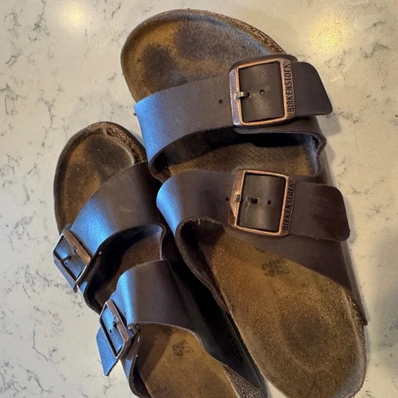 Birkenstock Arizona Brown Dual-Buckle Leather Slide Sandals - Picture 3 of 7